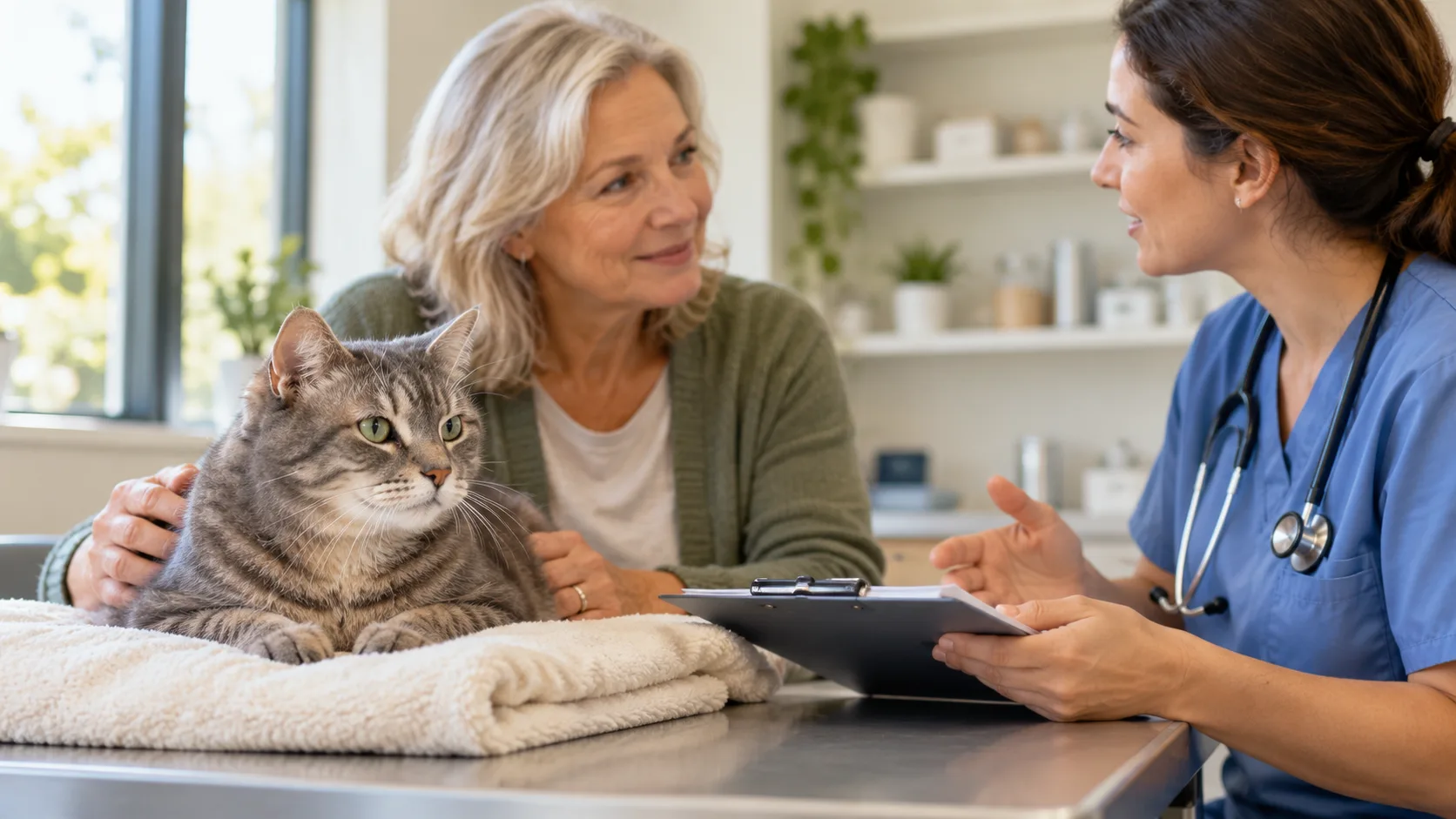 Veterinarian speaking with an owner beside a tabby cat on a clinic table