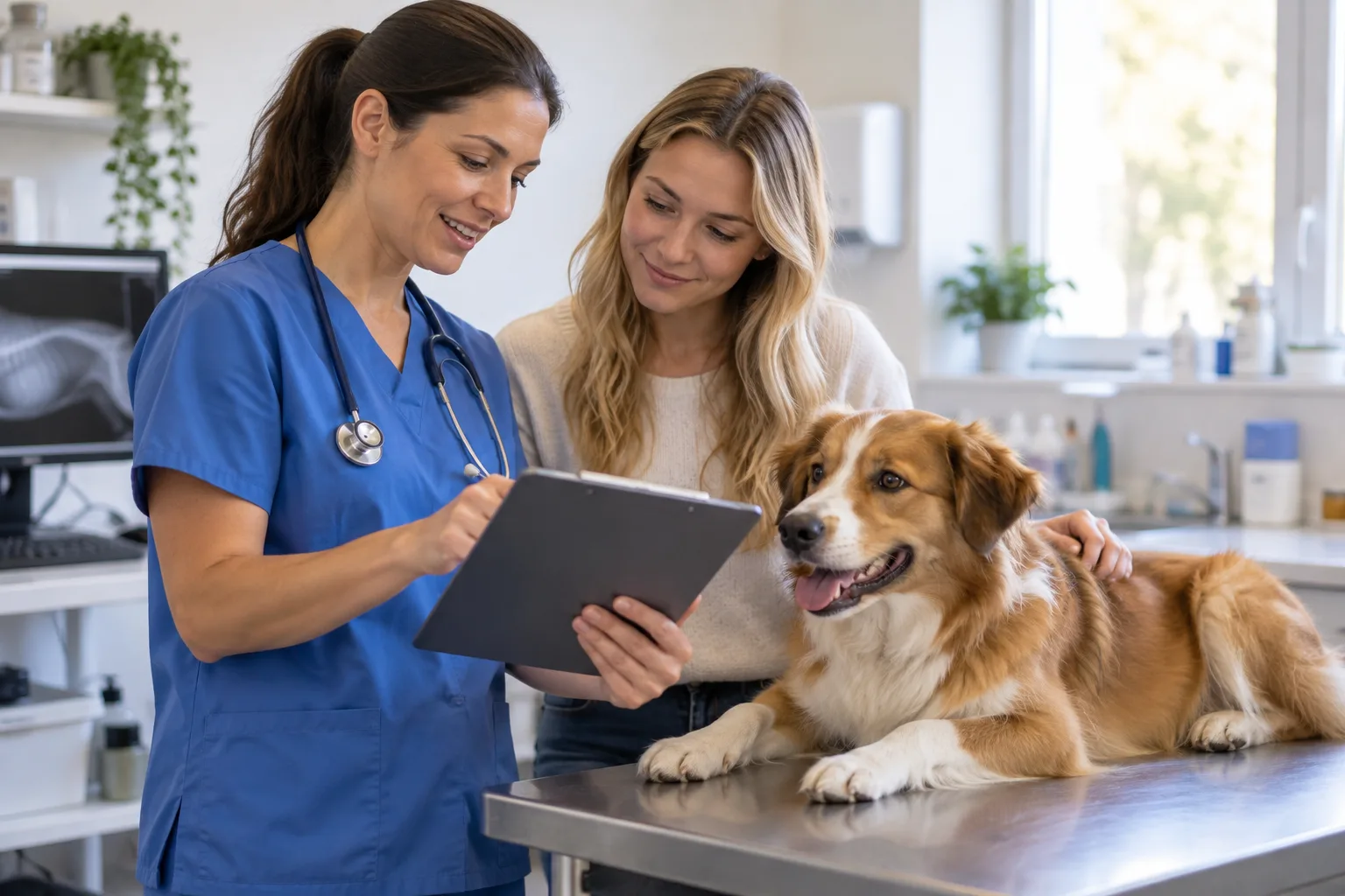Veterinary professional discussing information with an owner and dog